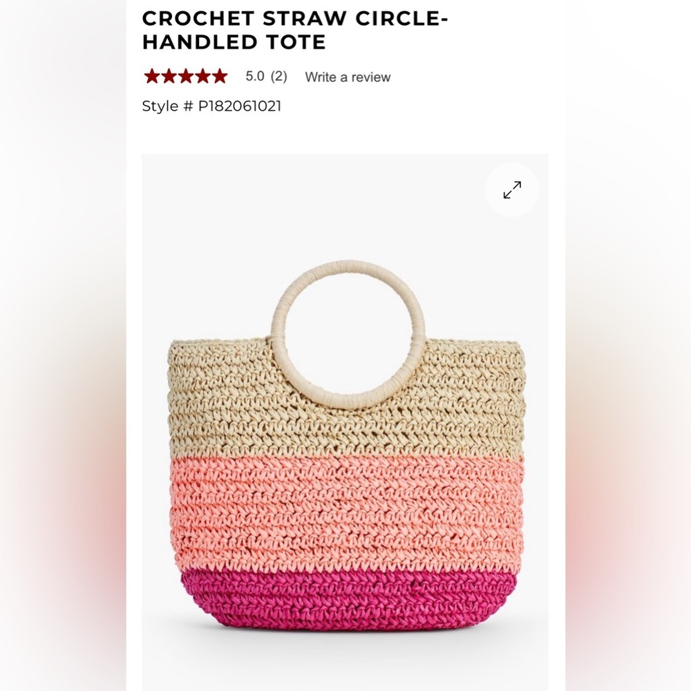 TALBOTS CROCHET STRAW CIRCLE-HANDLED TOTE TRI COLOR PINK PEACH BEIGE NEW - Picture 1 of 3